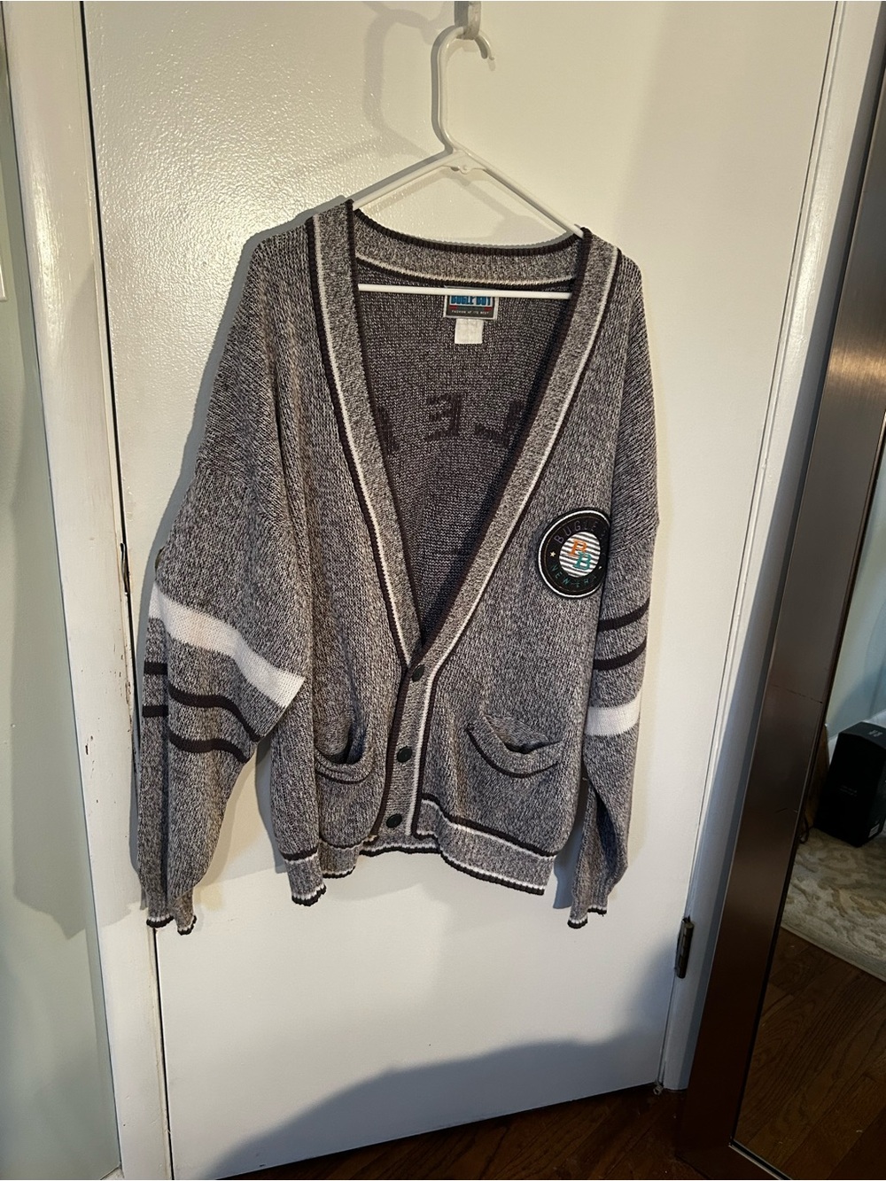 Bugle Boy Gray and White Striped Cardigan with Patch